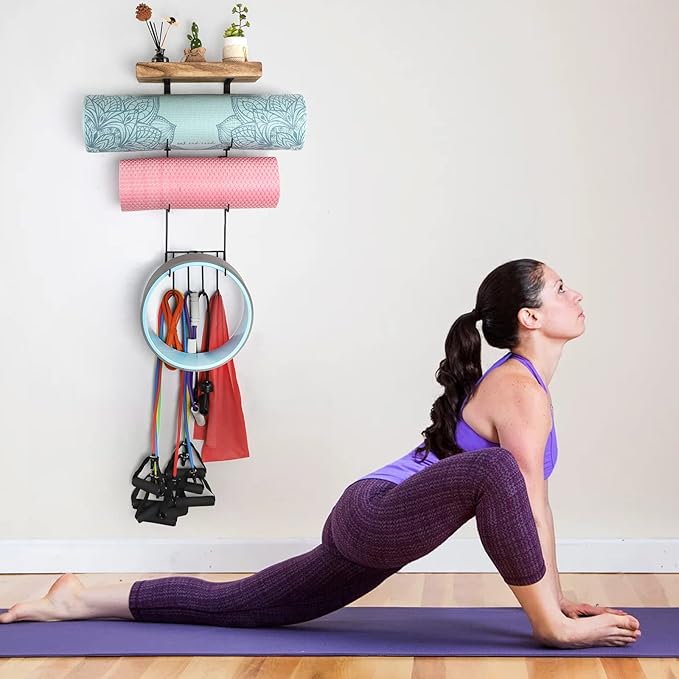 VINAEMO Yoga Mat Holder Accessories Wall Mount Organizer Storage Decor Foam Roller and Towel Storage Rack with 4 Hooks and Wooden Shelves Yoga Mats Rack Resistance Bands for Home Gym School Office