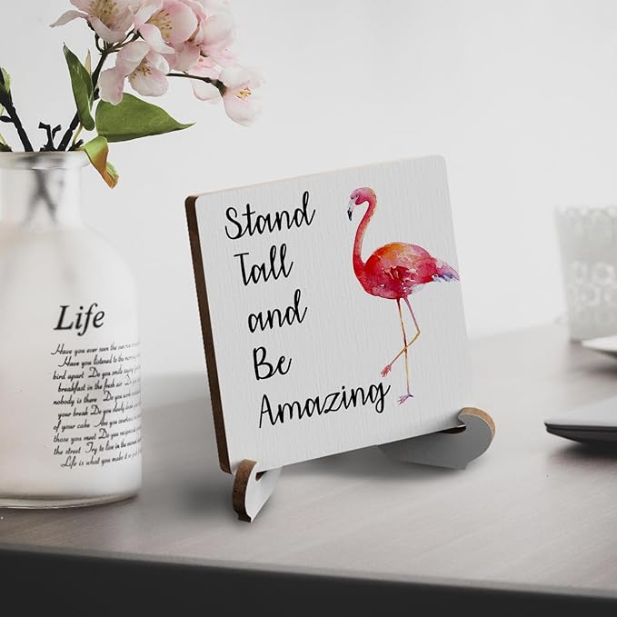 Flamingo Gifts Rustic Wooden Desk Decor - Funny Flamingo Plaque with Wood Stand Holder for Farmhouse, Office, Girls Room