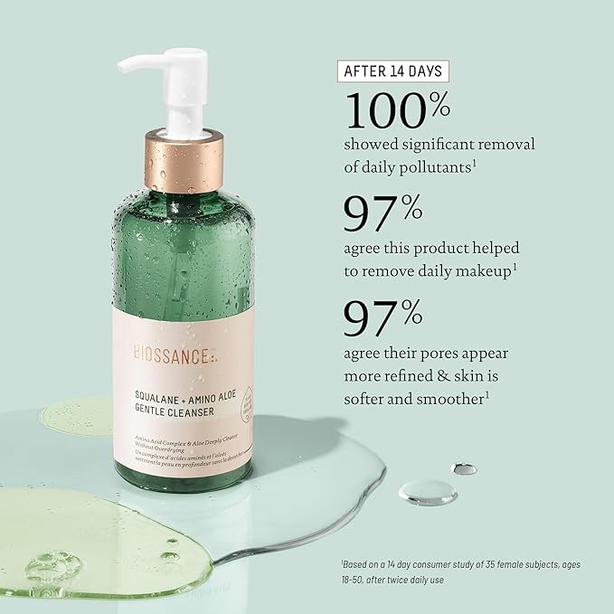 BIOSSANCE Squalane + Amino Aloe Gentle Face Wash – Foaming Facial Cleanser Gel – Hydrating for All Skin Types – Removes Makeup & Deeply Cleans Pores with Moringa Extract – Soothes with Aloe Vera
