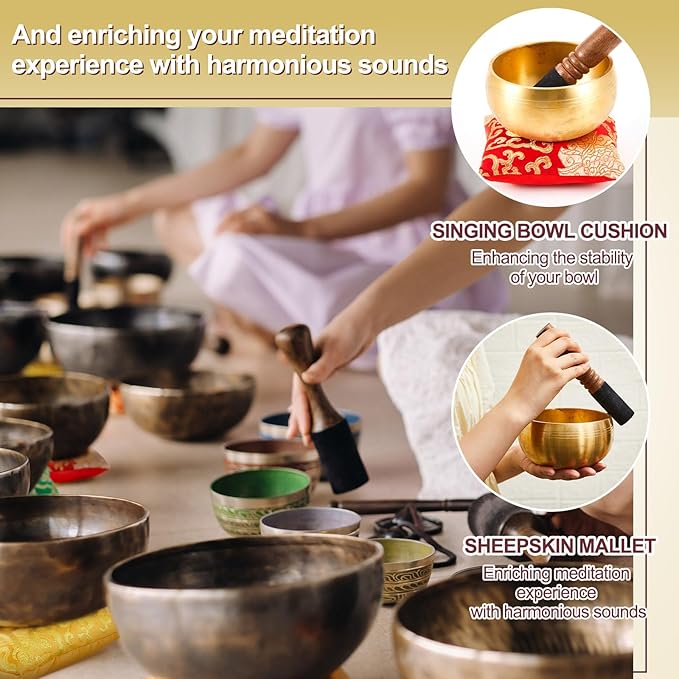 5 Pcs Singing Bowl Cushion Set 4 Tibetan Satin Singing Bowl Cushion with Wood Mallet for 4-8 Inch Tibetan Sound Bowls Meditation Accessories(Sound Bowls Not Included)