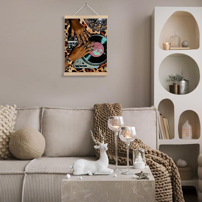 Funky Leopard Black Woman Vinyl Record Canvas Wall Art Poster, Trendy Musician CD Record Player Wall Decor Prints for Music Room Studio Home Apartment, 12x16 Inches