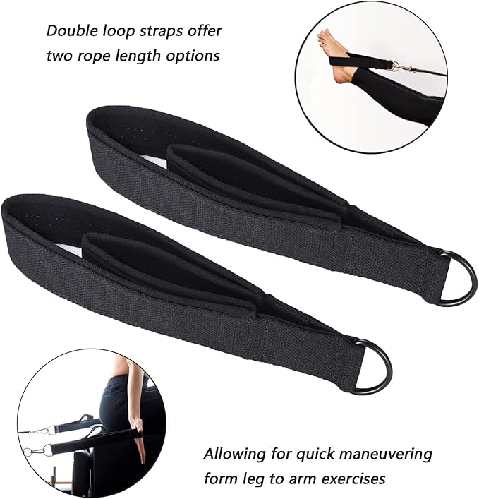 2Pcs Pilates Double Loop Straps Feet Fitness Equipment Straps Double Padded Pilates D-Ring Loops Yoga Double Loop Straps Handle Straps Pilates Reformer Accessories for Home Gym Workout