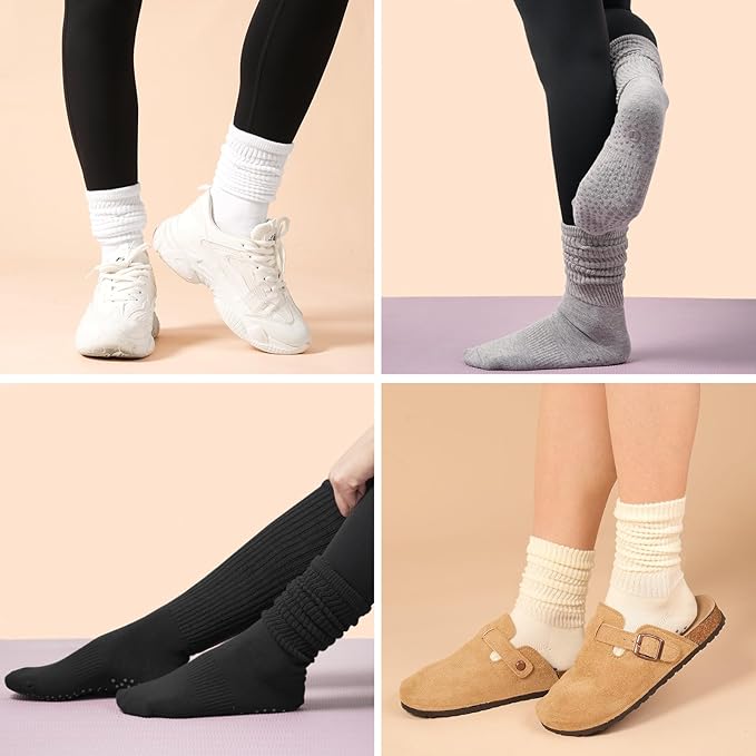Grip Pilates Slouch Socks for Women, Non Slip Scrunch Yoga Barre, Grippy Slouchy Knee High Boot Socks for Hospital