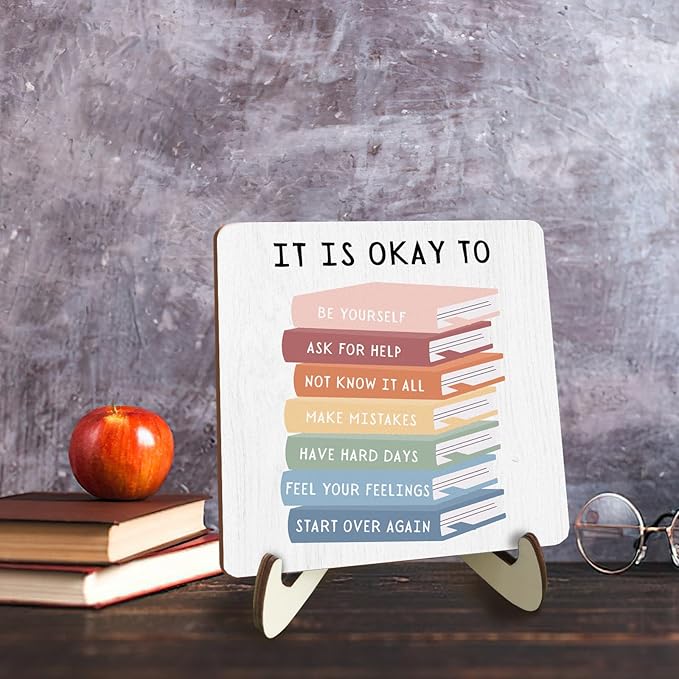 Decorative Desk Decor Motivational Okay Affirmations Positive Plaque with Wooden Stand Inspirational Wood Sign for Nursery Playroom Homeschool Classroom Reading Corner Table Shelf Book Lover Gifts