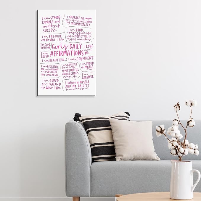JMGHKL Girly Daily Affirmations Wall Art Pink Motivational Inspirational Posters Trendy Positive Uplifting Quotes Canvas Prints For Girls Bedroom Teen Bedroom Wall Decor 8x12in Wrapped Canvas