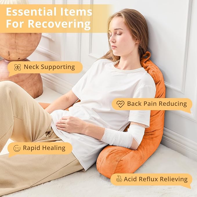 Sasttie Reading Pillow, Velvet Back Pillow for Bed Sitting Up, Adult Back-Rest Support Cushion with Arms for Sit Up on Couch, Sofa, and Floor, Dorm Essentials, Reading Accessories, Orange