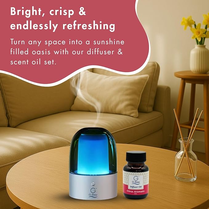 G's Breeze Smart Aroma Diffuser with 60ml Citrus Aromatic Scent Refill – Bluetooth & Wi-Fi App Control, LED Lighting, Adjustable Intensity, Long-Lasting Fresh Zesty Citrus Fragrance for Home or Office
