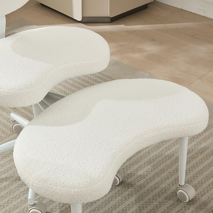 Cross-Legged Meditation Chair with Wheels, Adjustable Desk Chair for Home Office, Ergonomic Floor Seat for ADHD & Yoga, Criss Cross Chair with Lumbar Support, Memory Foam Cushion (Ivory-Teddy Fabric)