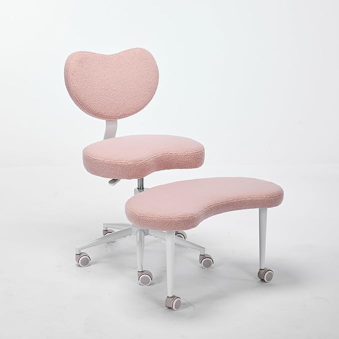 Cross-Legged Meditation Chair with Wheels, Adjustable Desk Chair for Home Office, Ergonomic Floor Seat for ADHD & Yoga, Criss Cross Chair with Lumbar Support, Memory Foam Cushion (Pink-Teddy Fabric)