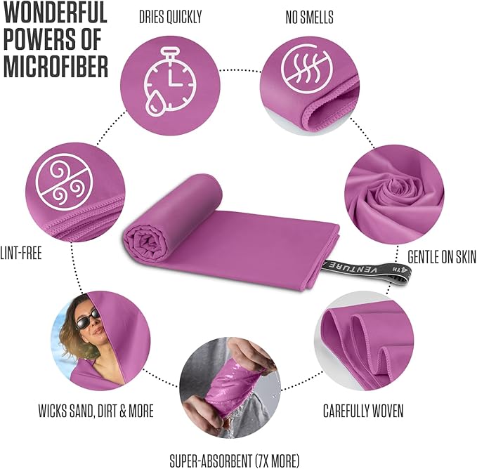 VENTURE 4TH Quick Dry Towel. Microfiber Travel Towel Ideal for Camping, Hiking, Backpacking, Gym. Lightweight & Fast Drying Travel Towels for Body. Compact & Easy to Pack - Purple Large