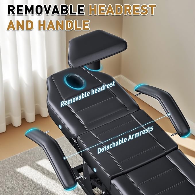 Fully Electric Tattoo Chair for Clients with Removable Handle and Headrest, 3-Motors Adjustable Backesrt&-Legrest Tattoo Bed, Multi-Functional Facial Bed Capacity 460LBS for Estheticians, Black