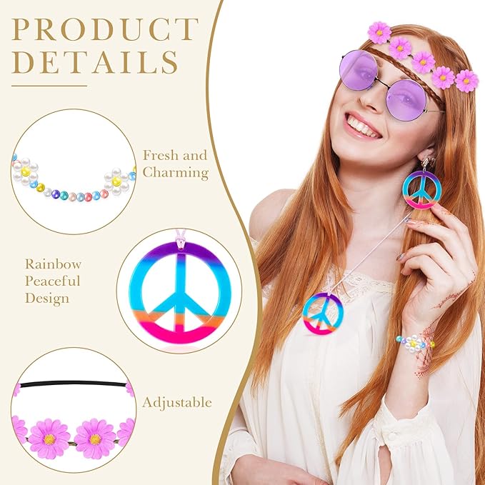 Batiyeer 6 Pcs Hippie Costume Accessories Set, Boho Peace Sign Daisy Flower 60s 70s Party Favors Decor for Groovy Party Women