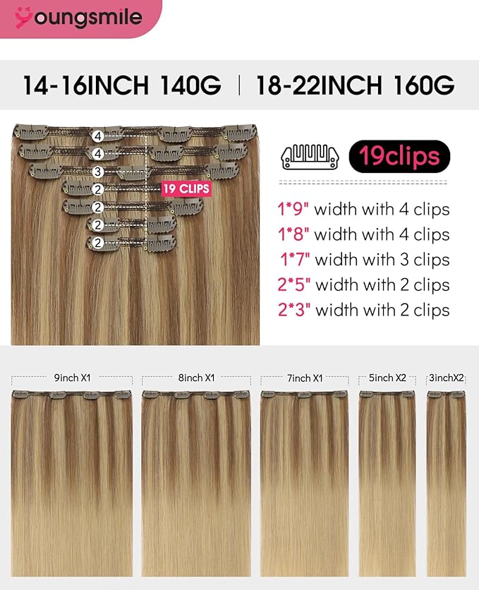 Youngsmile Real Hair Clip in Extensions #10/27/27 Golden Blonde with Bleach Blonde Human Hair Extensions Clip in, Soft Silk Straight,Double Weft, 140g 7 Pieces 14inch (7C#10/27/27-14inch)