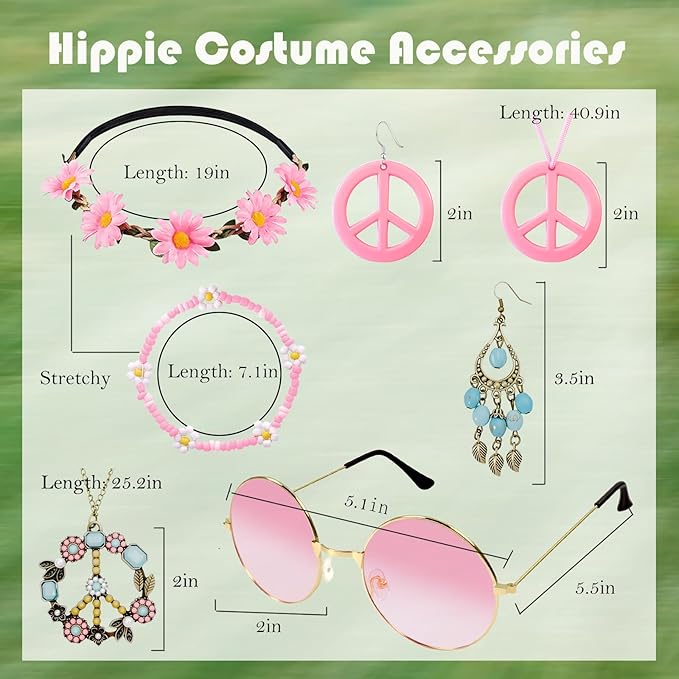 Hippie Costume Accessories for Women Peace Sign Earrings Necklace Flower Headband Sunglasses 60s 70s Accessories