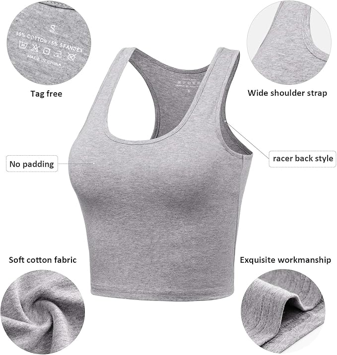 Porvike Sports Crop Tank Tops for Women Cropped Workout Tops Racerback Running Yoga Tanks Cotton Sleeveless Gym Shirts 3 Pack