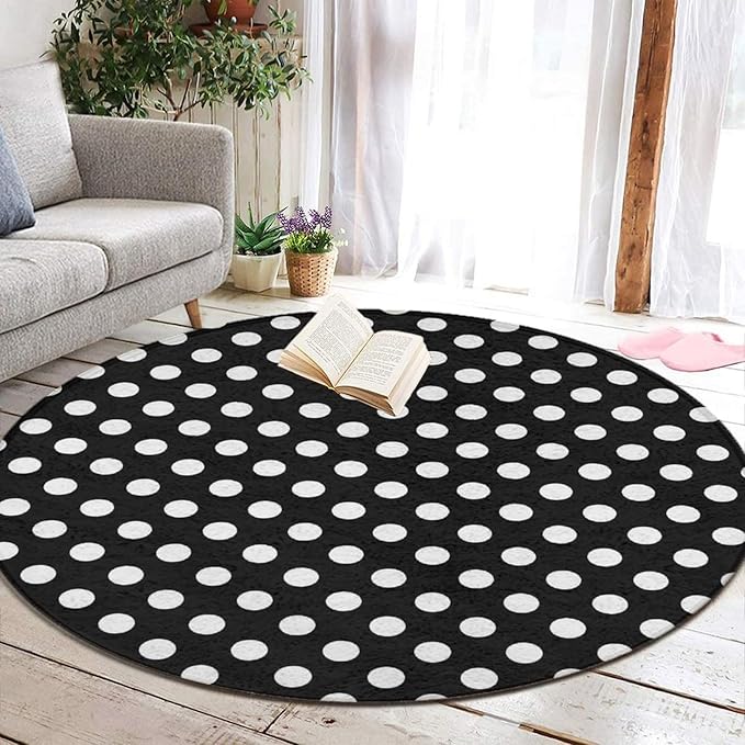 Large Home Decor Mat, Soft Round Yoga Carpet, Non-Slip Machine Washable Home Office Circle Rug Compatible with White Black Polka Dots