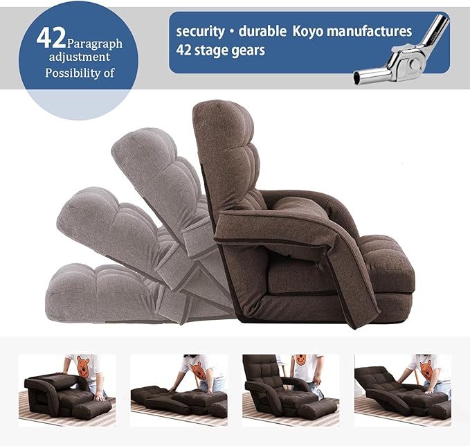 FLOGUOR 42-Position Adjustable Floor Chair, Chaise Lounge Indoor, Folding Lazy Sofa with Armrests and a Pillow Padded Adults Gaming Chairs for Living Room, Bedroom Factory Price, 8803XM (Brown)