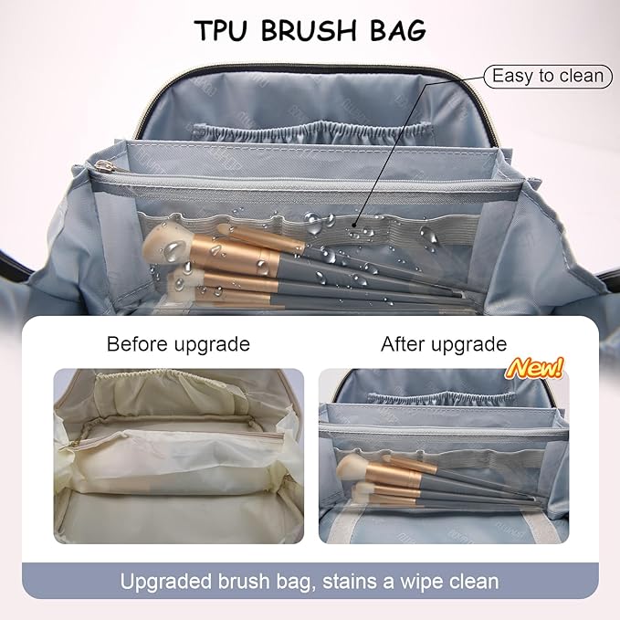 BOYATU Travel Makeup Bag Organizer Cosmetic Bag: 3 Pcs Set Make up Bags for Women with Handle - Waterproof Vegan Leather Toiletry Bags Travel Essentials Pouch with Compartments (F-05-Blue)
