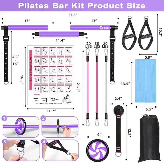 Pilates Bar Kit with Resistance Bands,Ab Roller,2 in 1 Foot Strap & Handle,Door Anchor Pilates Equipment with Resistance Bands, Portable Home Gym Yoga Fitness Bar for Women & Men