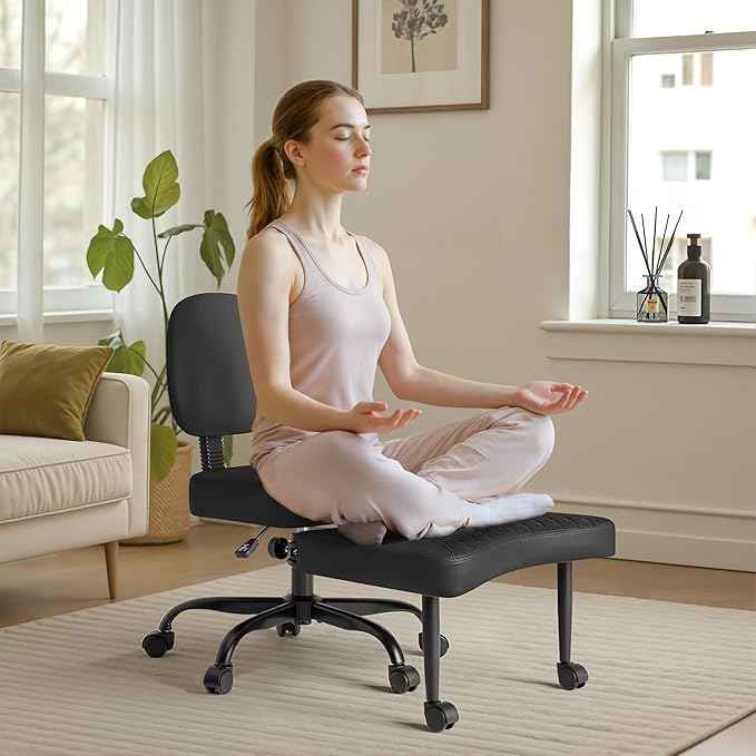 Furmax Ergonomic Criss Cross Legged Office Chair with Wheels, 360°Swivel Adjustable Height Kneeling Desk Chair with Footrest for ADHD, Yoga, Meditation, Home Office (Leather, Black)