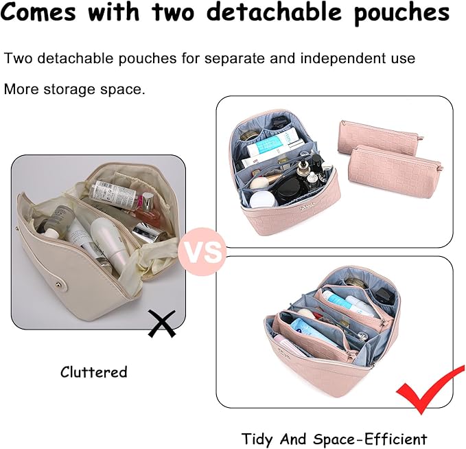BOYATU Travel Makeup Bag Organizer Cosmetic Bag: 3 Pcs Set Make up Bags for Women with Handle - Waterproof Vegan Leather Toiletry Bags Travel Essentials Pouch with Compartments (C-05-Pink)