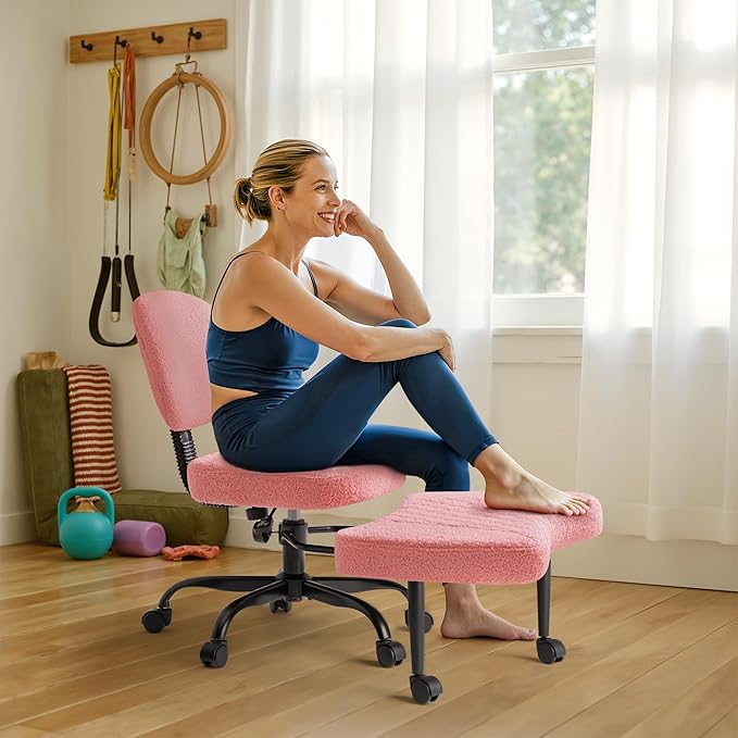 Furmax Ergonomic Criss Cross Legged Office Chair with Wheels, 360°Swivel Adjustable Height Kneeling Desk Chair with Footrest for ADHD, Yoga, Meditation, Home Office (Teddy Fabric, Pink)