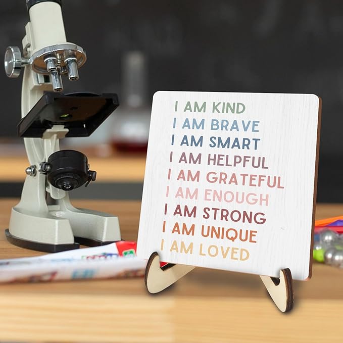Decorative Desk Decor Motivational I Am Kind Affirmations Positive Plaque with Wooden Stand Inspirational Wood Sign for Nursery Playroom Homeschool Classroom Reading Corner Table Shelf