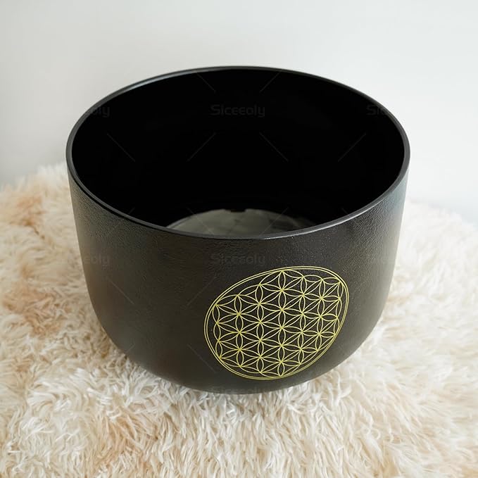 10 inch C Note Life of Flower Black Crystal Singing Bowl Root Chakra Meditation Sound Healing with Durable Carrying Case Suede Mallet Striker O-ring