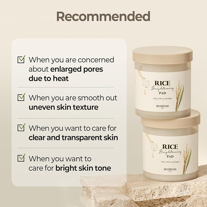 SKINFOOD Rice Daily Toner Pad, Korean Skincare Face Toner with 100% Cotton Pads for Glow Glass Skin, Natural Rice Water Milk, Hydrating, Exfoliating, Glowing, Vegan, 8.81 oz (60 Pads)