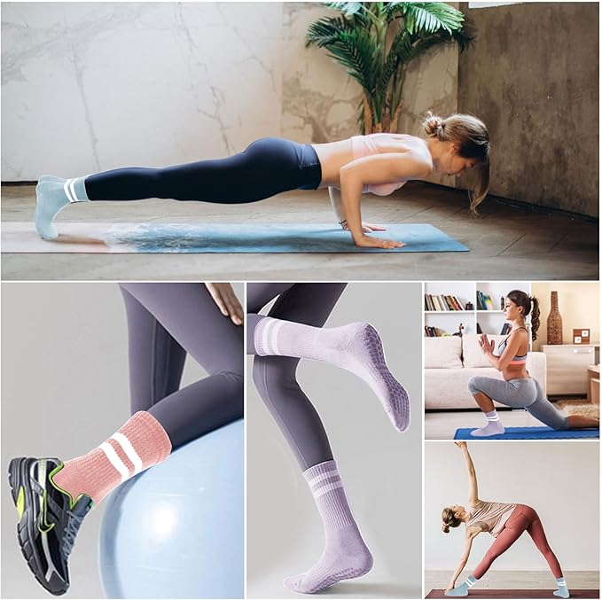 3 Pairs Non Slip Yoga Socks for Women Anti-skid Long Socks for Yoga, Barre, Ballet, Dance, Barefoot Workout Gym