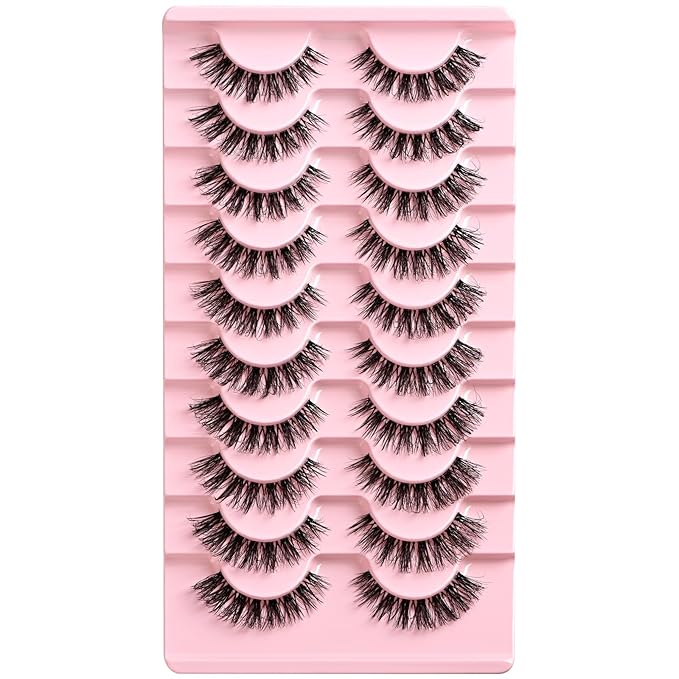 Lashes False Wispy Eyelashes Natural Cat Eye Lash Strips 10 Pairs Fake Mink Eyelash Pack 8-15mm Natural Look Fluffy Strip Lashes Clear Band Easy Eyelashes for Beginners with Cluster Looking