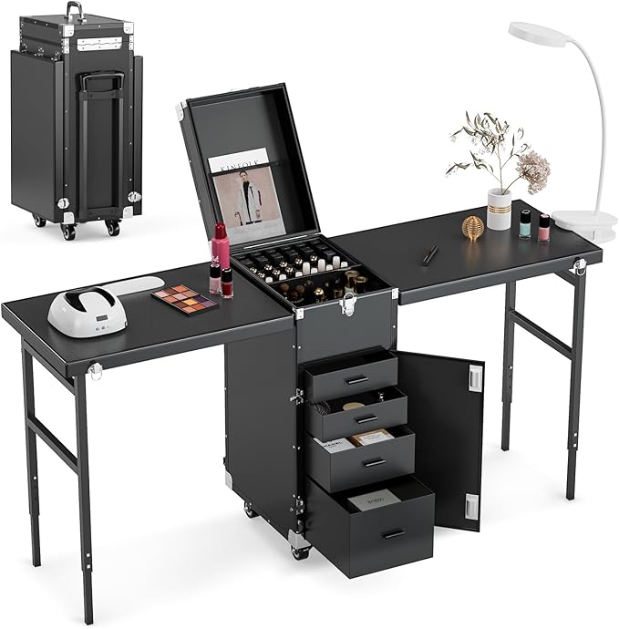 Icoget Portable Nail Table Desk, Foldable Rolling Manicure Table with Wheel, Makeup Train Case for Nail Teach, 2 Desktop Cosmetic Trolley Case, Black
