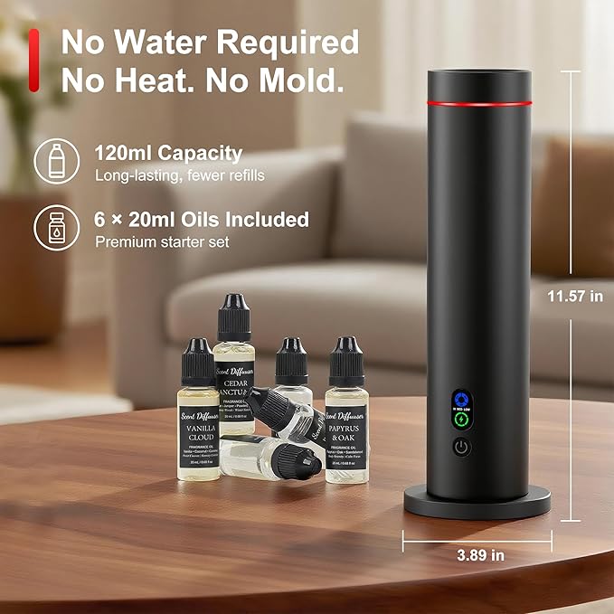 Waterless Diffuser, 1000 Sq.Ft Coverage, Essential Oil Diffuser with Tilt-Safe, Remote Control, Adjustable Mist Mode, Mood Lights Aromatherapy Diffuser for Home, Large Room, Office, Hotel, Black