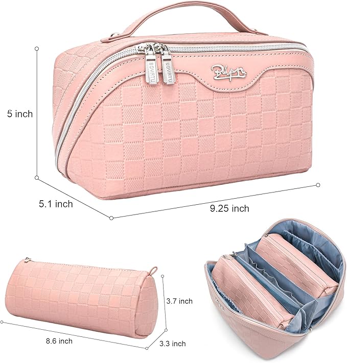 BOYATU Travel Makeup Bag Organizer Cosmetic Bag: 3 Pcs Set Make up Bags for Women with Handle - Waterproof Vegan Leather Toiletry Bags Travel Essentials Pouch with Compartments (C-05-Pink)