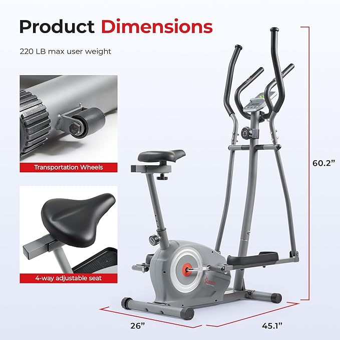 Sunny Health & Fitness Essential Smart 2-in-1 Cross Trainer Elliptical Bike, Magnetic Training Machine for Adult/Seniors Home Gym Cardio Exercises, Free SunnyFit App Bluetooth Connection - SF-E322004