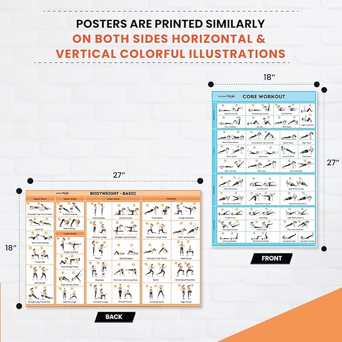 SPORTAXIS 5 Pack Laminated Workout Posters for Home Without Equipment Color Illustrations Bodyweight Basic Building Exercises Yoga Abs Training for Men and Women 18x27 Inches