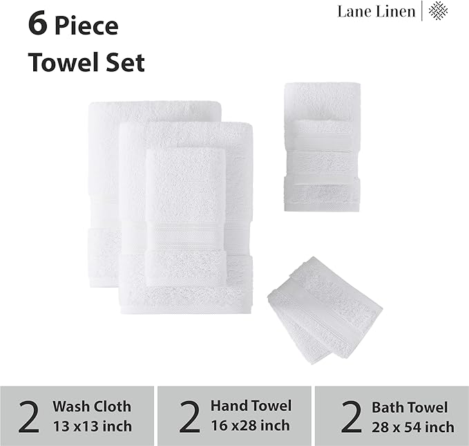 LANE LINEN Luxury Bath Towels Set - 6 Piece 100% CottonBathroom Zero Twist Shower Extra Absorbent Towel Super Soft 2 Hand Wash Cloths White