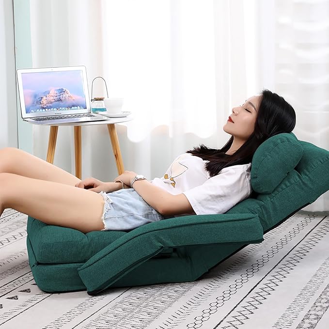 FLOGUOR 14-Position Adjustable Floor Chair, Chaise Lounge Indoor, Folding Lazy Sofa with Armrests and a Pillow Padded Adults Gaming Chairs for Living Room, Bedroom Factory Price, 8803XM (Green)