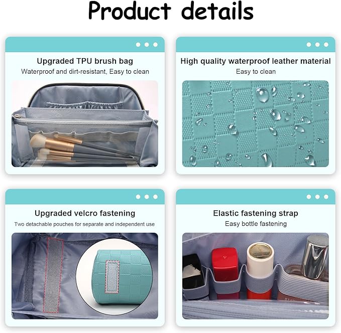 BOYATU Travel Makeup Bag Organizer Cosmetic Bag: 3 Pcs Set Make up Bags for Women with Handle - Waterproof Vegan Leather Toiletry Bags Travel Essentials Pouch with Compartments (C-02-Blue)