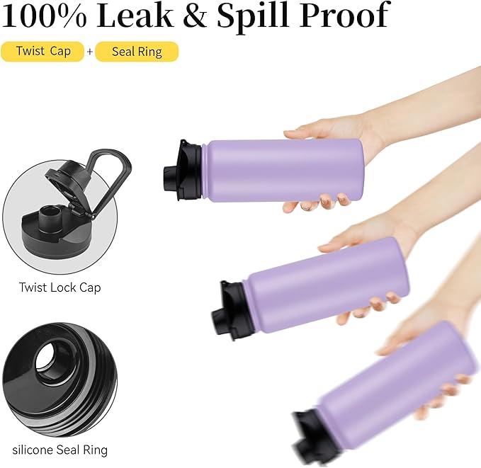 24 oz Insulated Water Bottle Bulk 4 Pack, Stainless Steel Sports Water Bottles with Straw Lid & Wide Mouth Lids, Double Walled Vacuum, Leak Proof, Purple