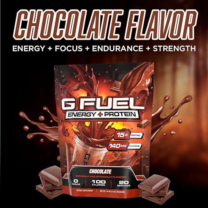 G Fuel Protein + Energy Drink Powder, Pre Workout Caffeine Mix for Gaming, Sugar Free Focus Amino, Vitamin + Antioxidants, 19oz (Chocolate, 20 Servings)