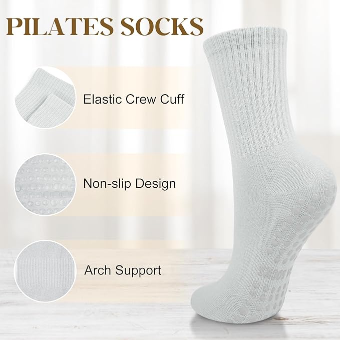 Justay 6 Pairs Pilates Socks with Grips for Women Soft Non Slip Crew Cotton Athletic Workout Barre Hospital Yoga Socks