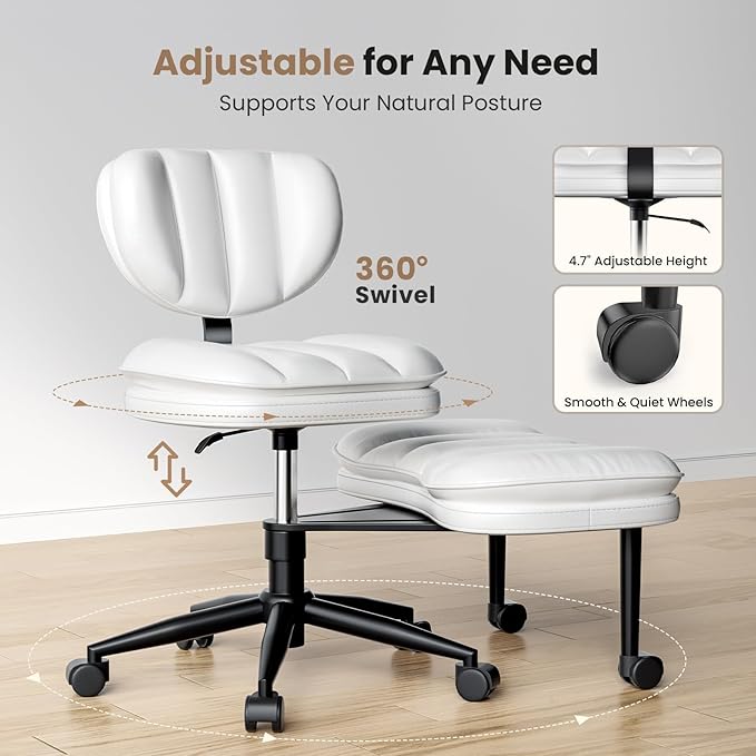 Cross Legged Office Chair, Ergonomic Cloud Criss Cross Desk Chair, Meditation Chair with Wheels, Height Adjustable Seat for ADHD, Wide Kneeling Chair with Back Support, White