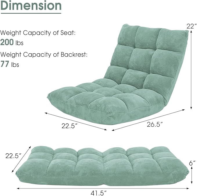 GORELAX Memory Foam Floor Chair, 14-Poistion Adjustable Floor Reading Gaming Chair Recliner, Folding Cushioned Meditation Chair with Back Support, Padded Lazy Sofa Chair for Adults, Kids (Green)