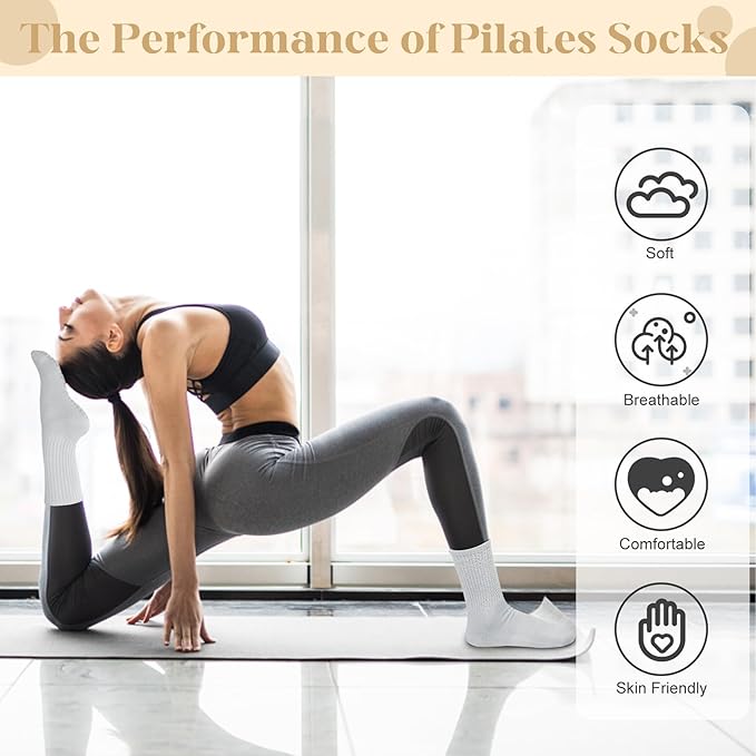 Justay 6 Pairs Pilates Socks with Grips for Women Soft Non Slip Crew Cotton Athletic Workout Barre Hospital Yoga Socks