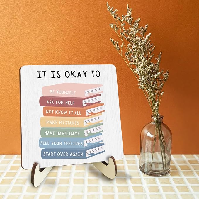 Decorative Desk Decor Motivational Okay Affirmations Positive Plaque with Wooden Stand Inspirational Wood Sign for Nursery Playroom Homeschool Classroom Reading Corner Table Shelf Book Lover Gifts