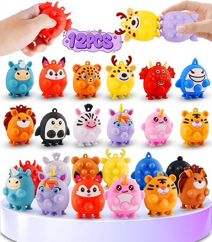 Animal Pop Fidget Toys with Suction, 12PCS Silicone Stress Relief Toys for Calming, Autism and ADHD, Fidgets for Kids Classroom, Travel & Bath Toys for Toddlers, Gifts for Kids Girls Boys