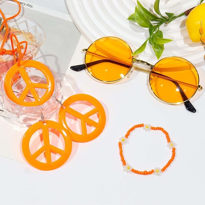 6 Pcs Hippie Costume Accessories Set, Flower Hippie Headband Boho Peace Sign Necklace Earrings Sunglasses Bracelet
