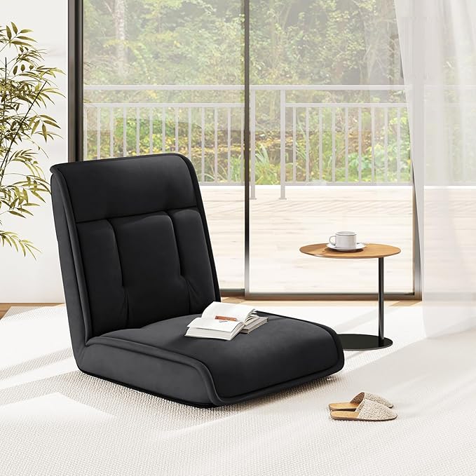 COSTWAY Folding Floor Chair, Convertible Lazy Sofa with 14-Poistion Adjustable Backrest, 5-Position Adjustable Headrest, Cushioned Floor Gaming Chair for Adults, Reading, Meditating (Black)