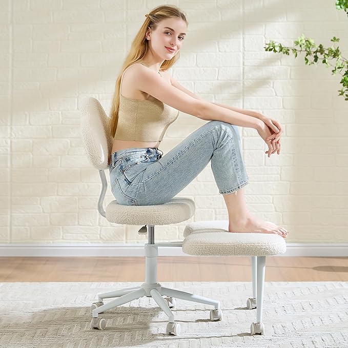 Cross Legged Office Chair with Wheels, Meditation Chair, ADHD Chair for Adults, Wider Height Adjustable Backrest and Seat, Yoga Office Chair, Teddy Fabric, Off White